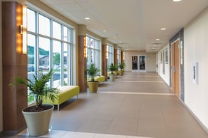A spacious corridor with large windows, potted plants, and seating areas. - Holiday Inn Morgantown - University Area by IHG (Morgantown)