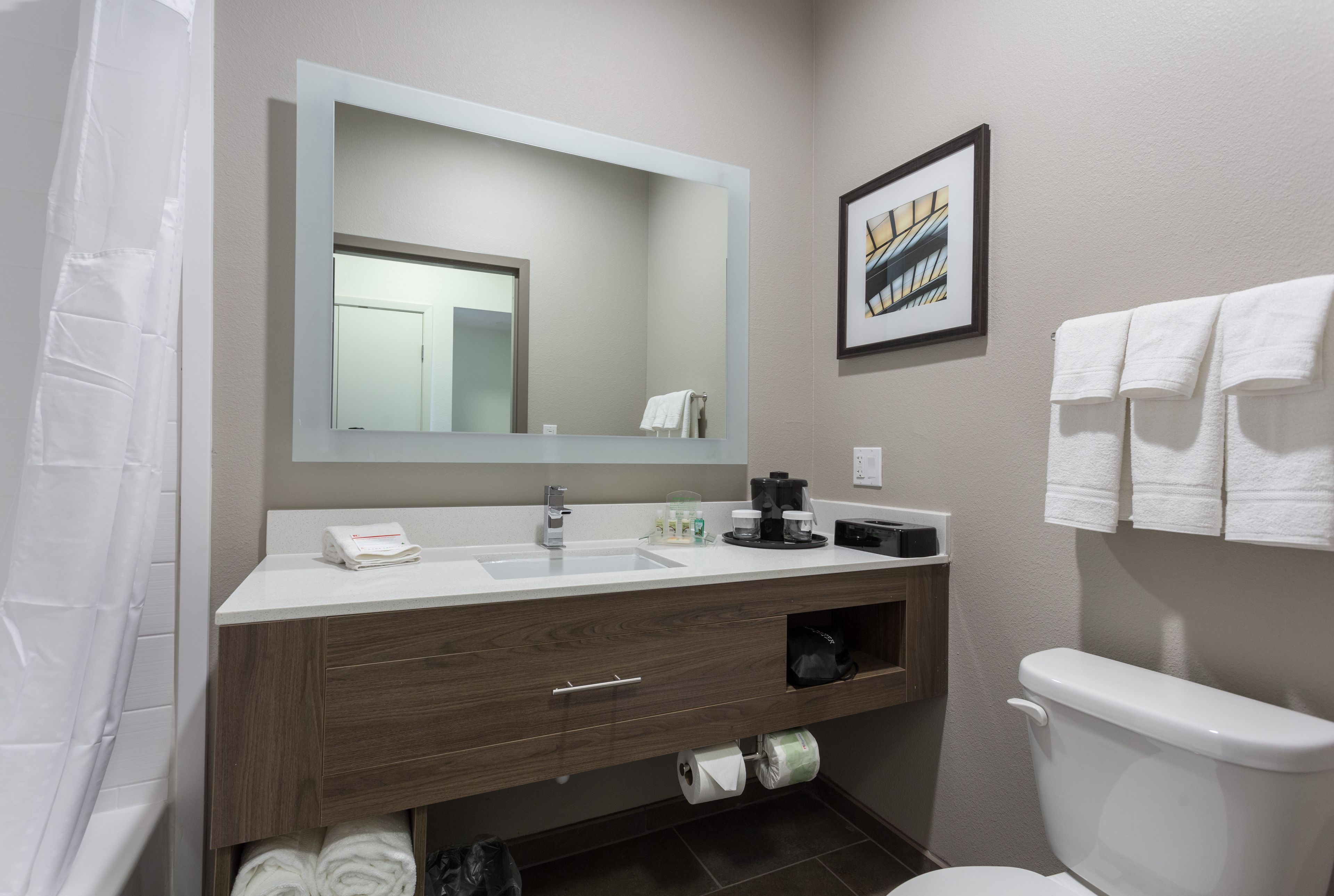 A modern bathroom with a white sink, wooden vanity, and a large mirror. There is a framed picture on the wall and a toilet with a white tank.