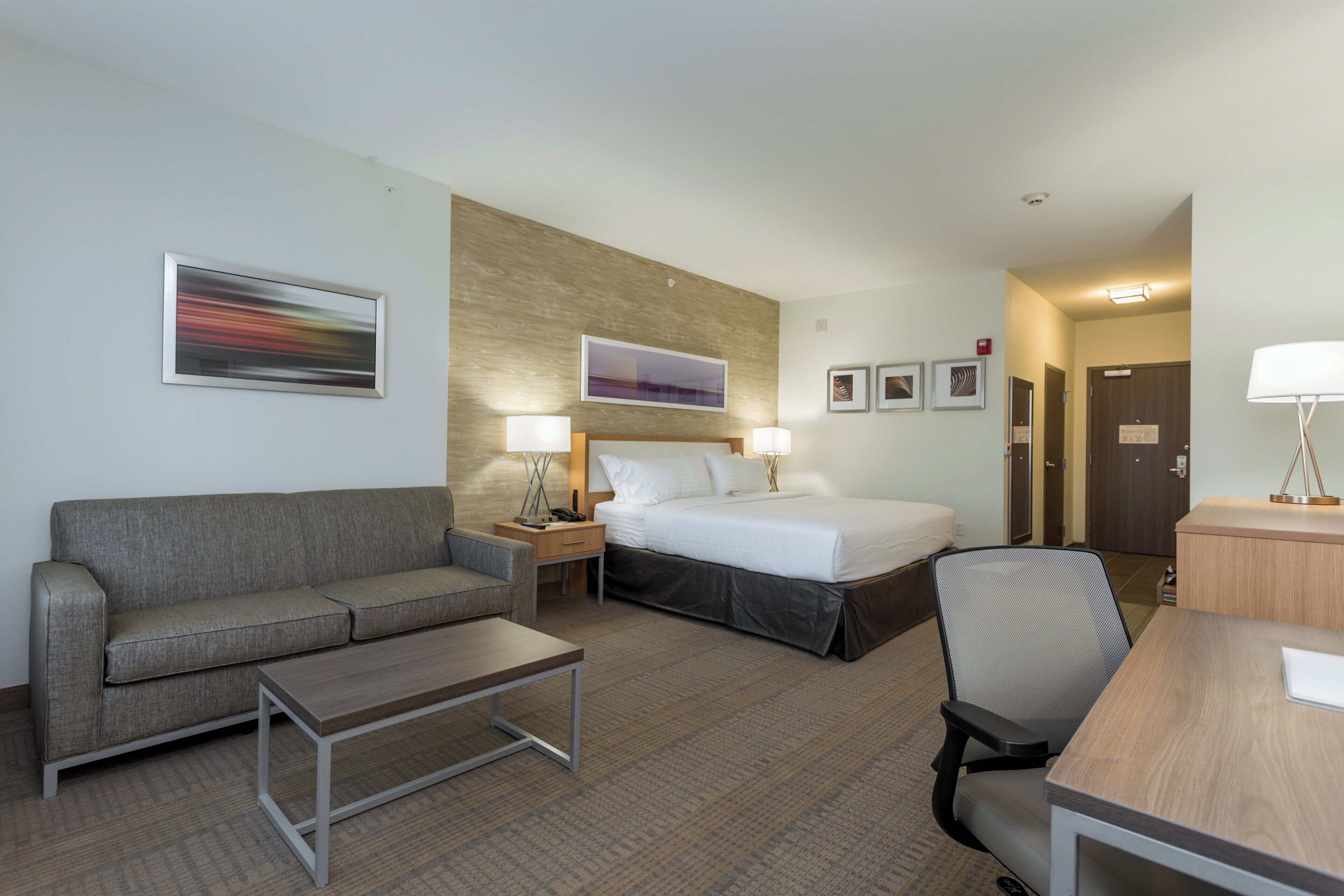 A hotel room with a bed, a sofa, a desk, and a chair.