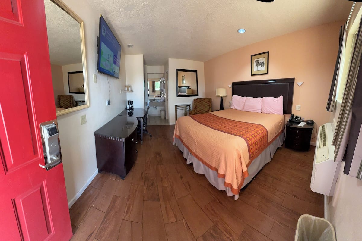A hotel room with a bed, a desk, a chair, a mirror, a bedside table, a lamp, a heater, and a trash bin.