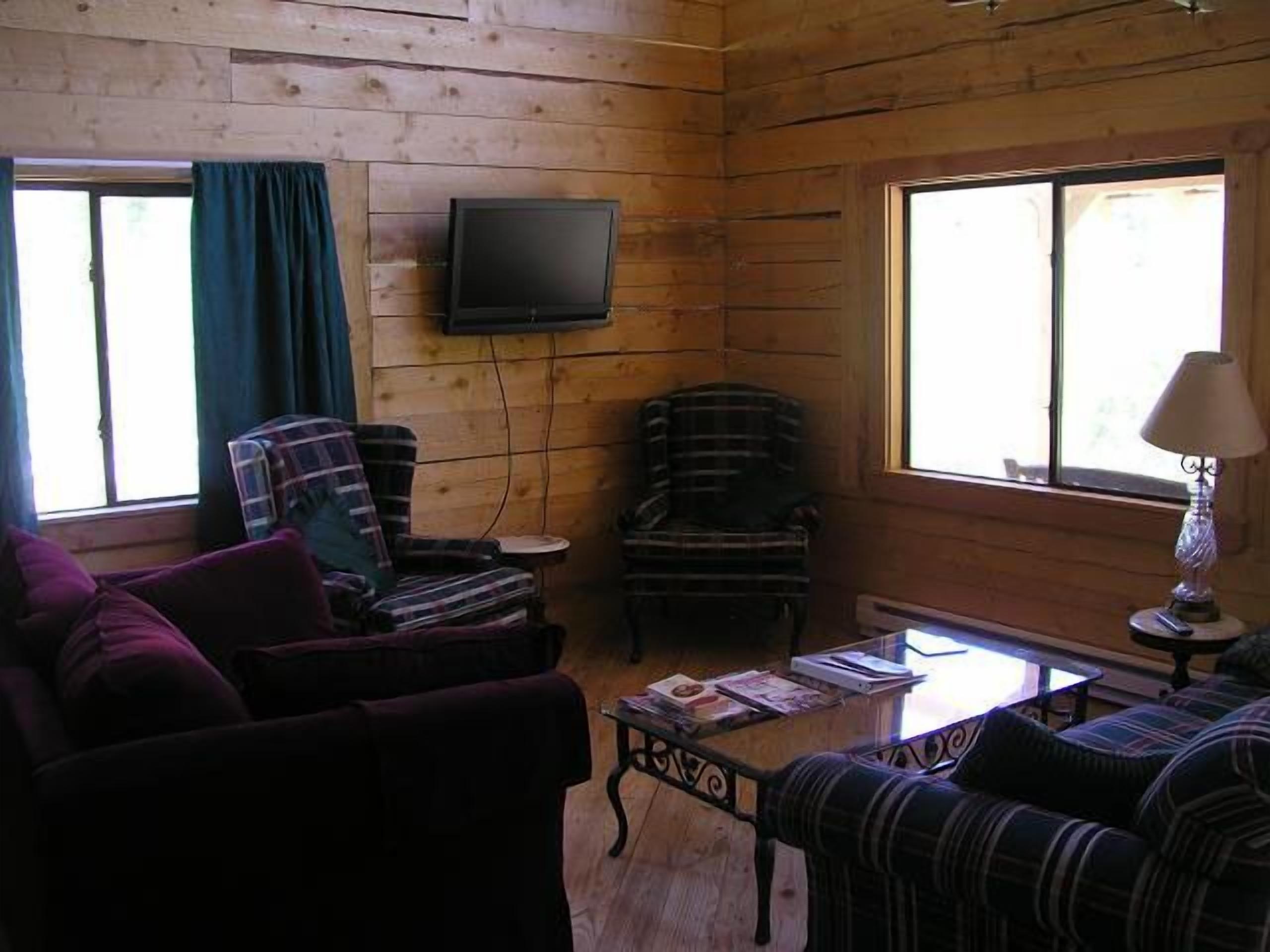 Een gezellige woonkamer met houten wanden, een aan de muur bevestigde televisie en twee geruite fauteuils.