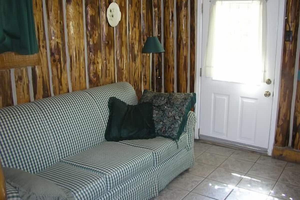 Un sofá a cuadros con un cojín verde en una habitación con paneles de madera y una puerta blanca.