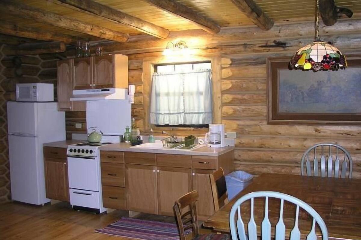 Una cocina rústica con armarios de madera, una estufa, un refrigerador y una mesa de comedor con sillas.