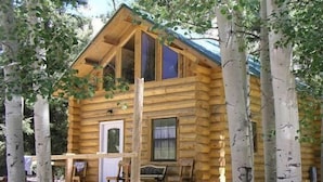 A log cabin with a porch, windows, and a door. - Texan Resort (Lake City)