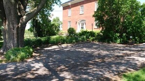 A paved driveway leading to a brick building with a large tree on the left.
