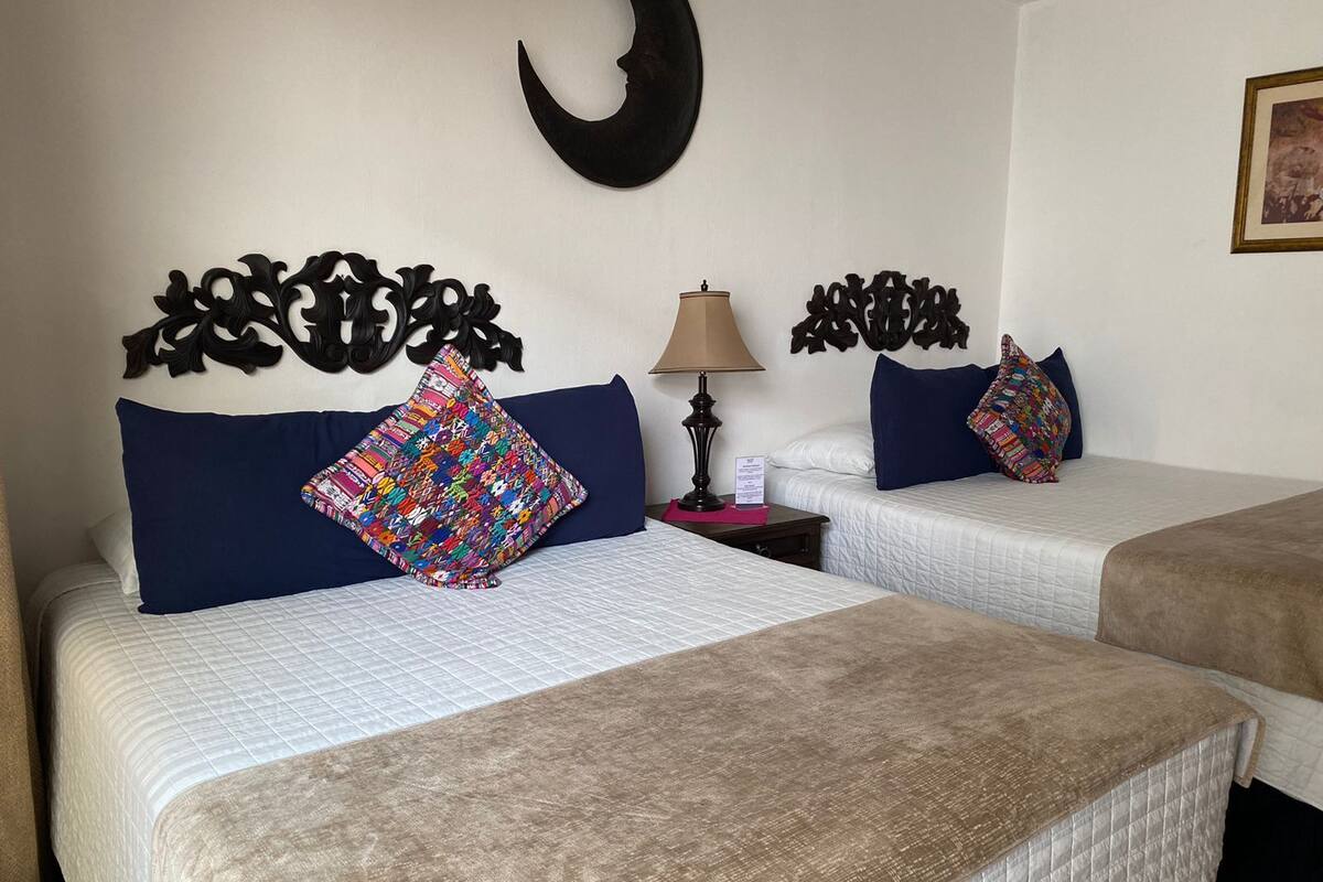A hotel room with two beds, each with a patterned pillow and a headboard. There is a nightstand with a lamp and a framed picture on the wall.