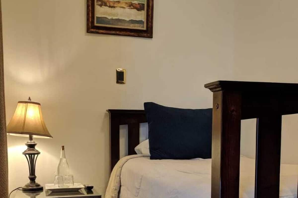 A bedroom with a bed, a bedside table with a lamp, a framed picture on the wall, and a striped rug.