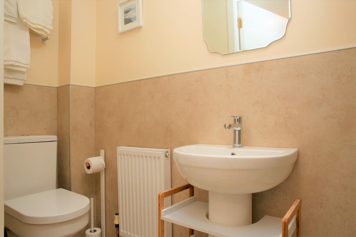 A bathroom with a toilet, a sink, a towel rack, and a mirror.