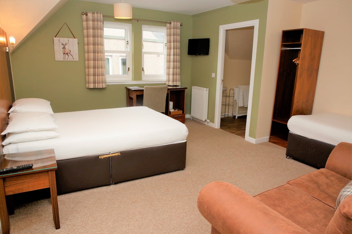 A bedroom with a bed, a desk, a chair, a wardrobe, and a television.