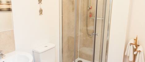 A bathroom with a glass-enclosed shower, a toilet, and a sink.
