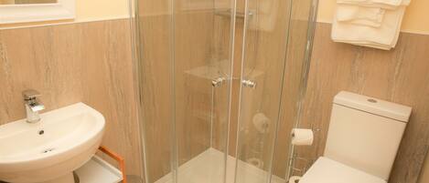 Un baño con ducha de vidrio, un lavamanos y un inodoro.