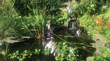 Un jardín tranquilo con un estanque, abundante vegetación y una cascada pequeña.