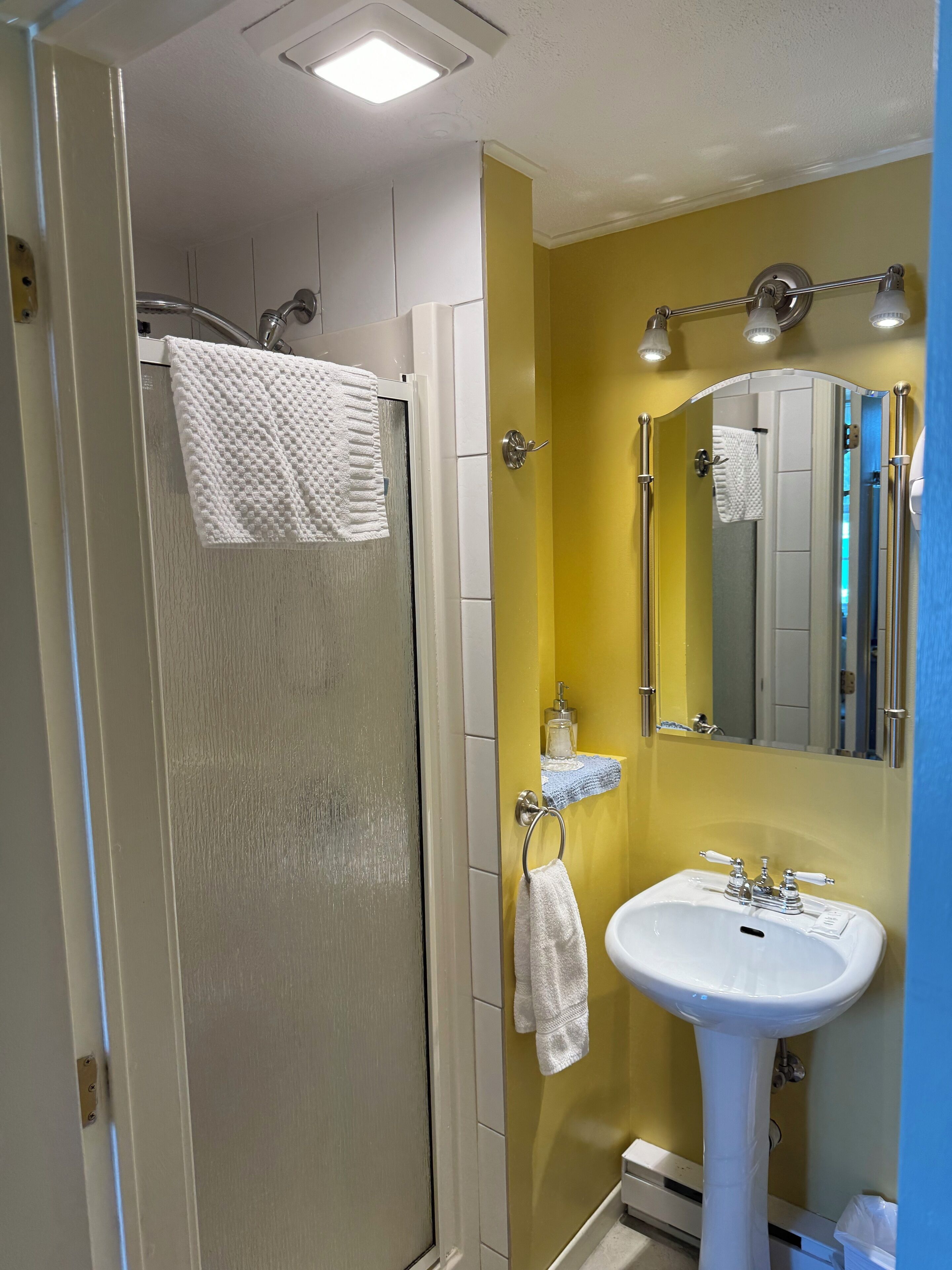 A bathroom with a white sink, a mirror, and a shower area.