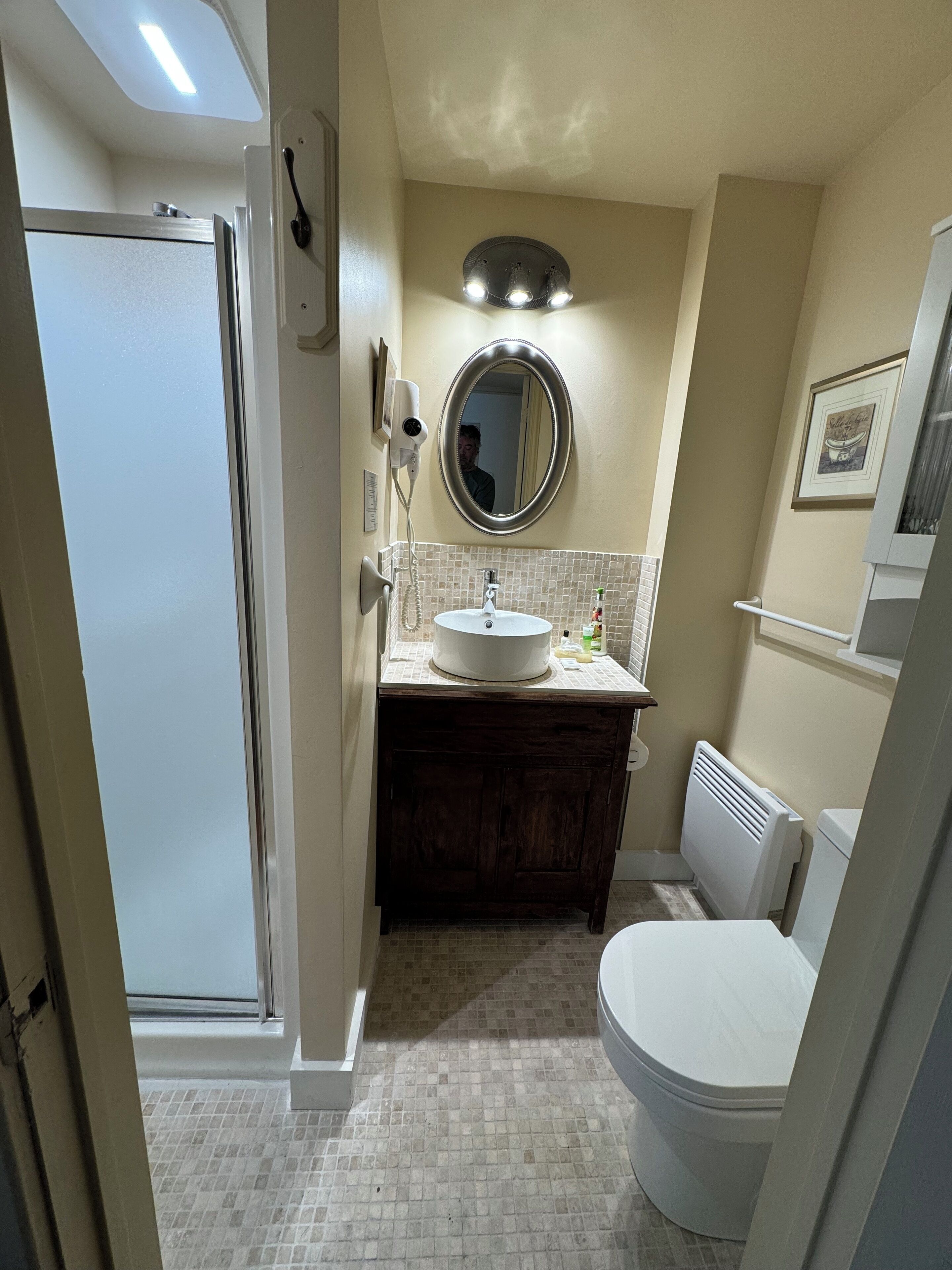 Une salle de bain avec des toilettes blanches, un lavabo avec un miroir au-dessus, un sèche-cheveux fixé au mur et un radiateur.