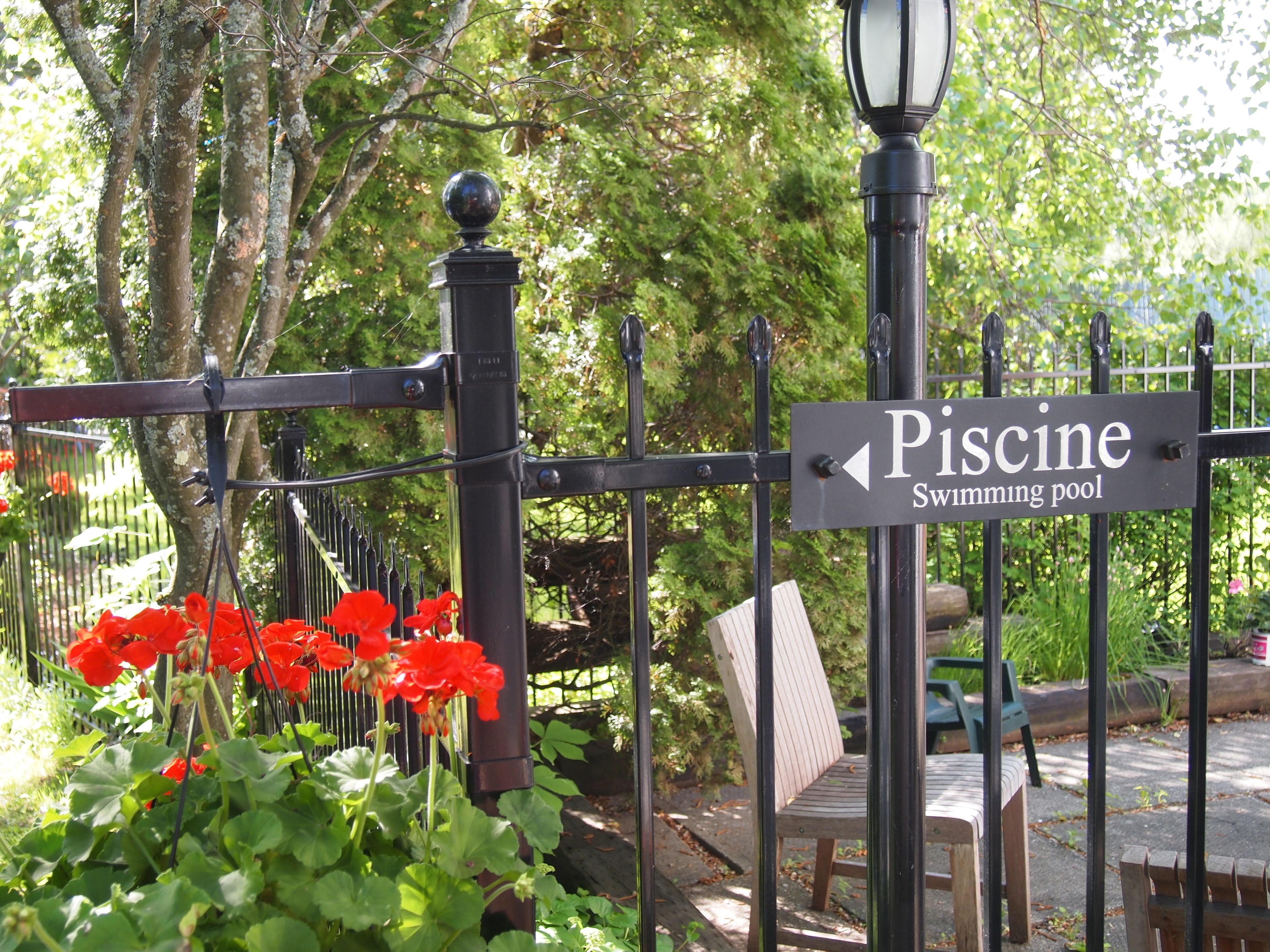 A sign for the Piscine swimming pool, surrounded by a metal fence and red flowers.