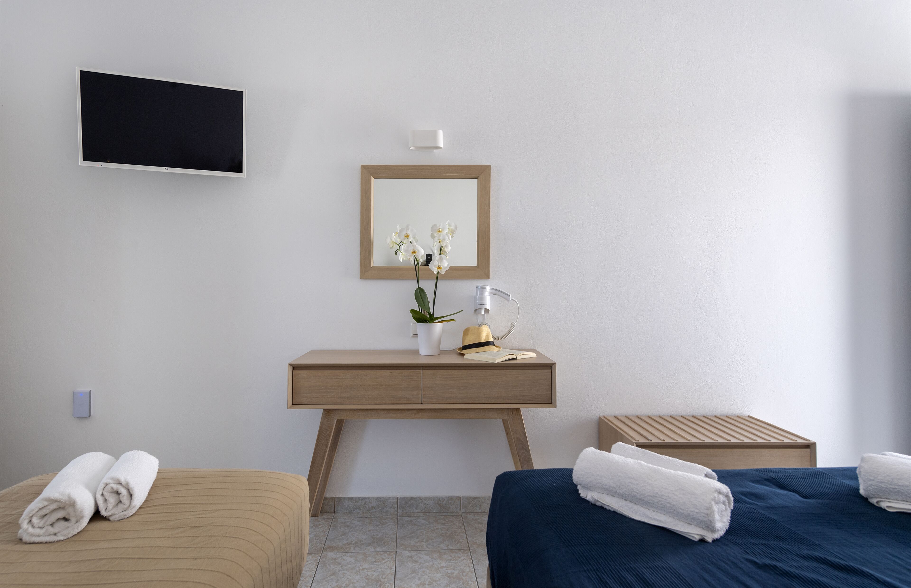 A hotel room with a bed, a desk, a chair, a TV, a mirror, a potted plant, and a bedside table with a lamp.