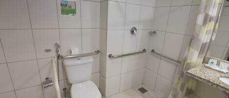 Un baño con inodoro, barras de apoyo, ducha con puerta de vidrio y lavamanos con espejo.