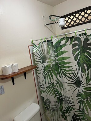 Enjoy a refreshing shower in this bathroom with a shower curtain and toilet amenities.