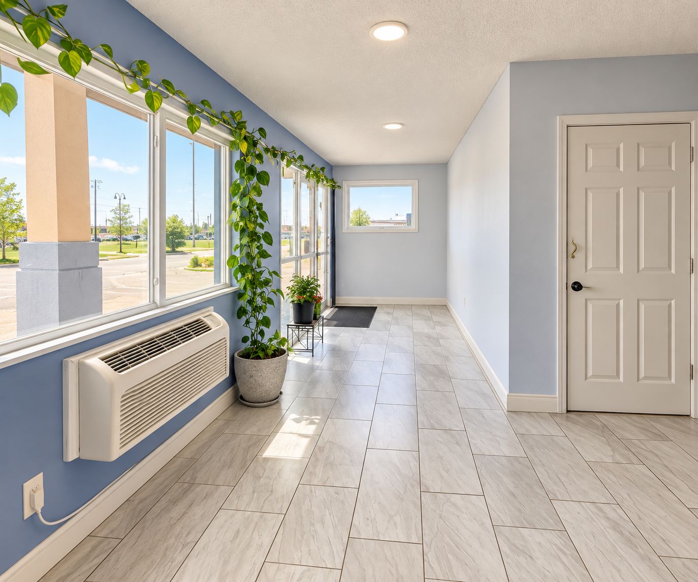 A hallway with a radiator, potted plants, a door, and a window with a view of the outside.