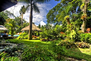 A lush garden with a thatched-roof gazebo, various tropical plants, and a clear blue sky.
