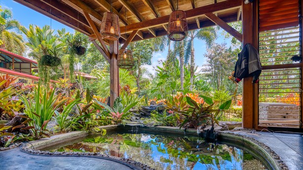 Un jardín tropical con un estanque, una pérgola de madera, plantas colgantes y un edificio con techo rojo al fondo.