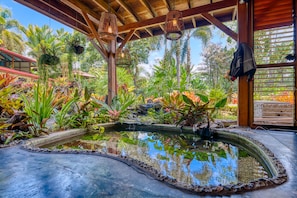 A tropical garden with a pond, wooden pergola, hanging plants, and a red-roofed building in the background. - Hotel Banana Azul - Adults Only (Cahuita)