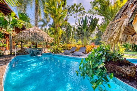 Una piscina al aire libre, sillones reclinables de piscina