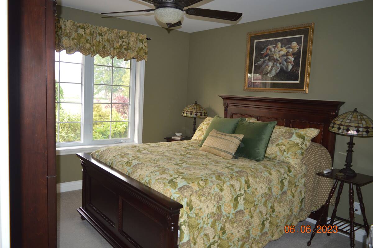 A bedroom with a wooden bed, two bedside lamps, a window with a view of greenery, and a ceiling fan.