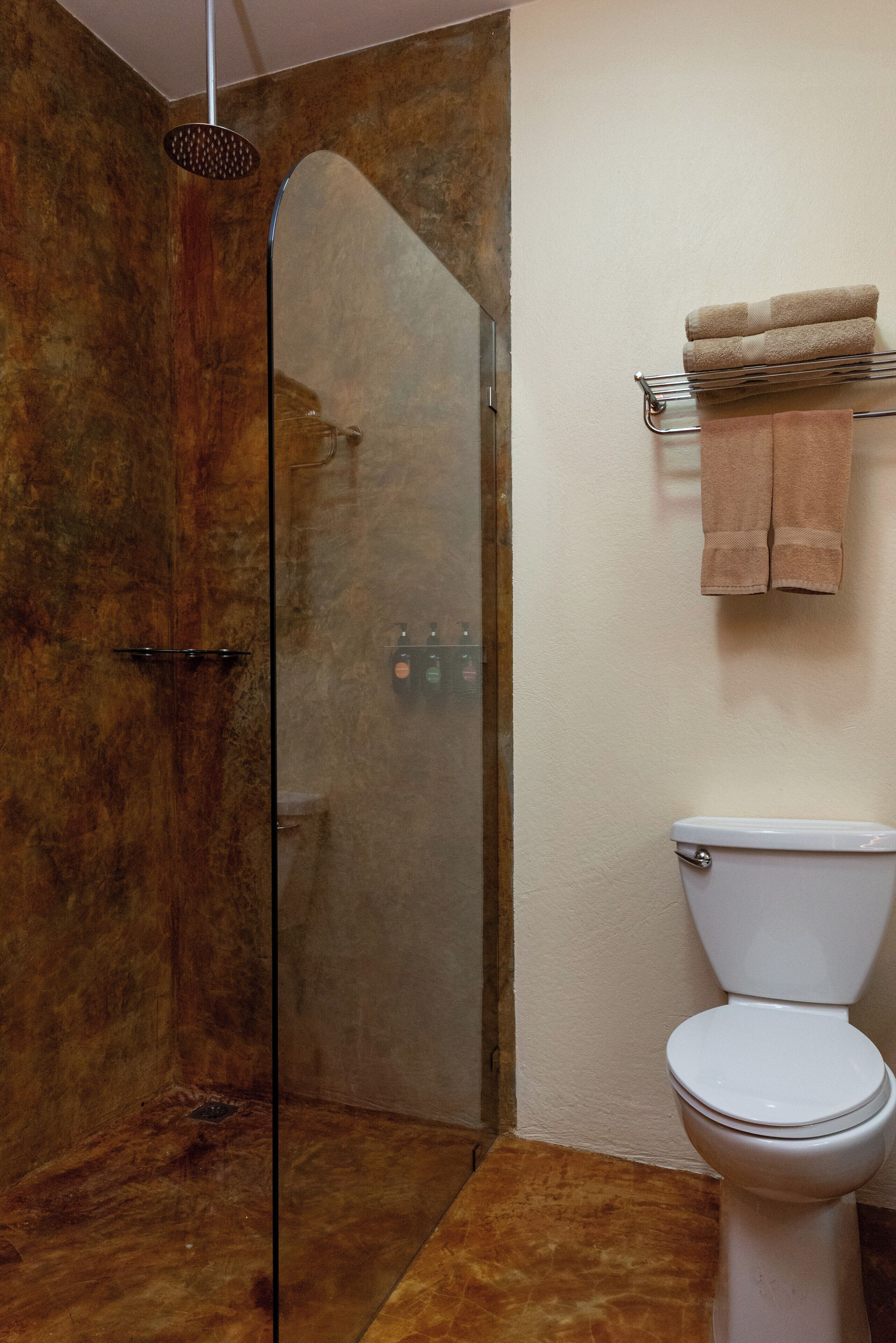 A bathroom with a glass-enclosed shower, a white toilet, and a towel rack with towels.
