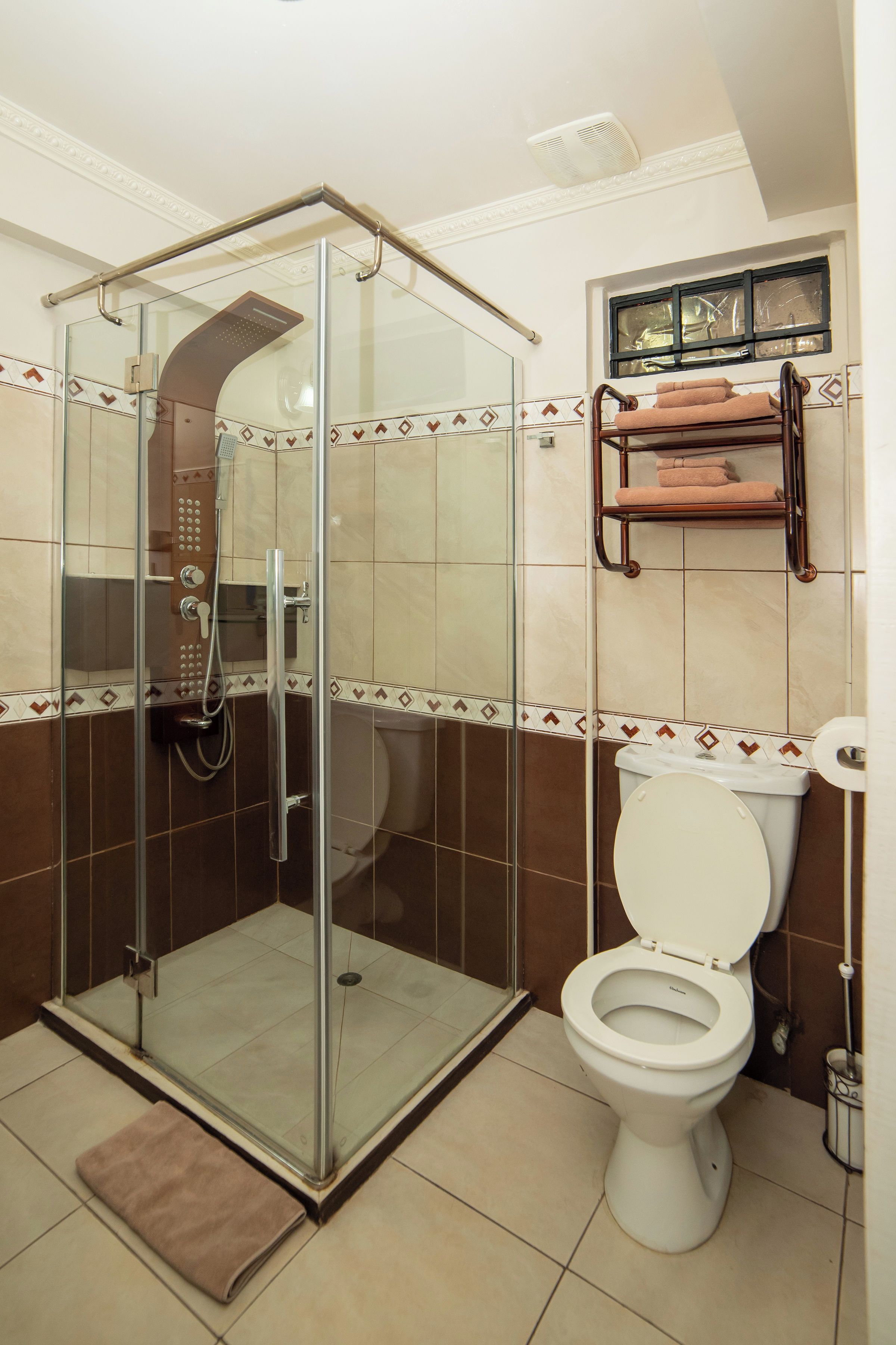 A bathroom with a glass-enclosed shower, a toilet, and a towel rack.