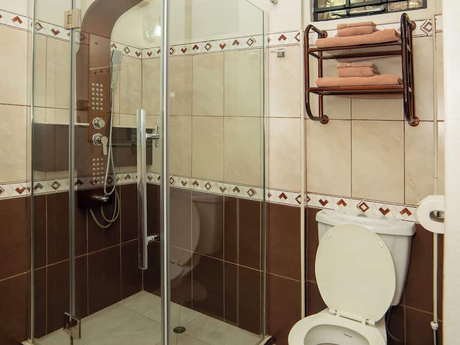Une salle de bain avec une douche à parois de verre, des toilettes et un porte-serviettes.