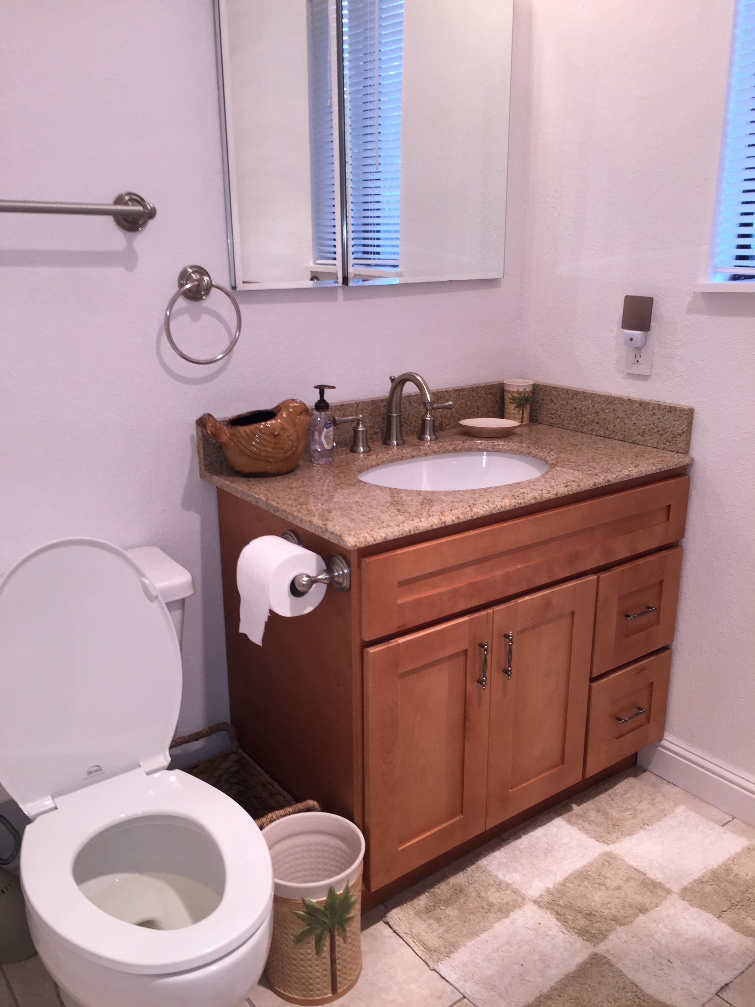 A bathroom with a white toilet, a sink with a granite countertop, wooden cabinets, and a towel rack.