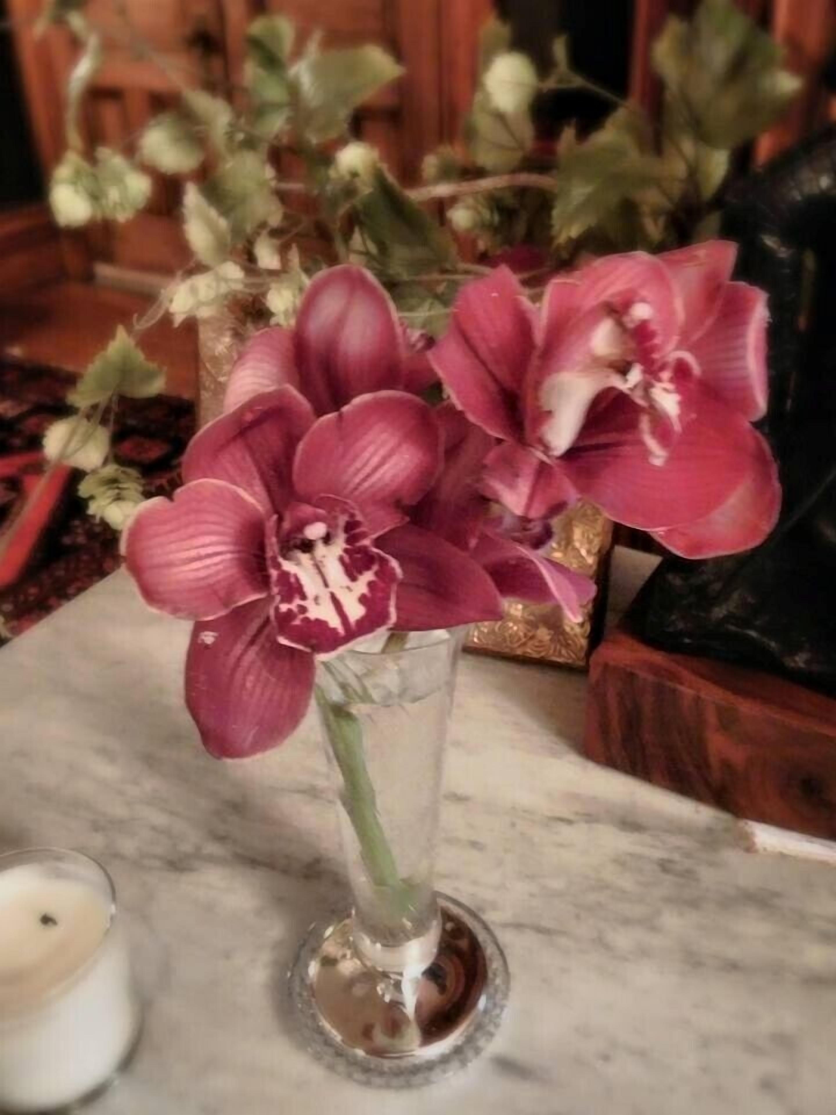 A vase with pink orchids on a marble surface.