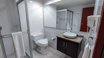 A modern bathroom with a glass shower enclosure, a white toilet, a sink with a mirror above, and a towel rack.