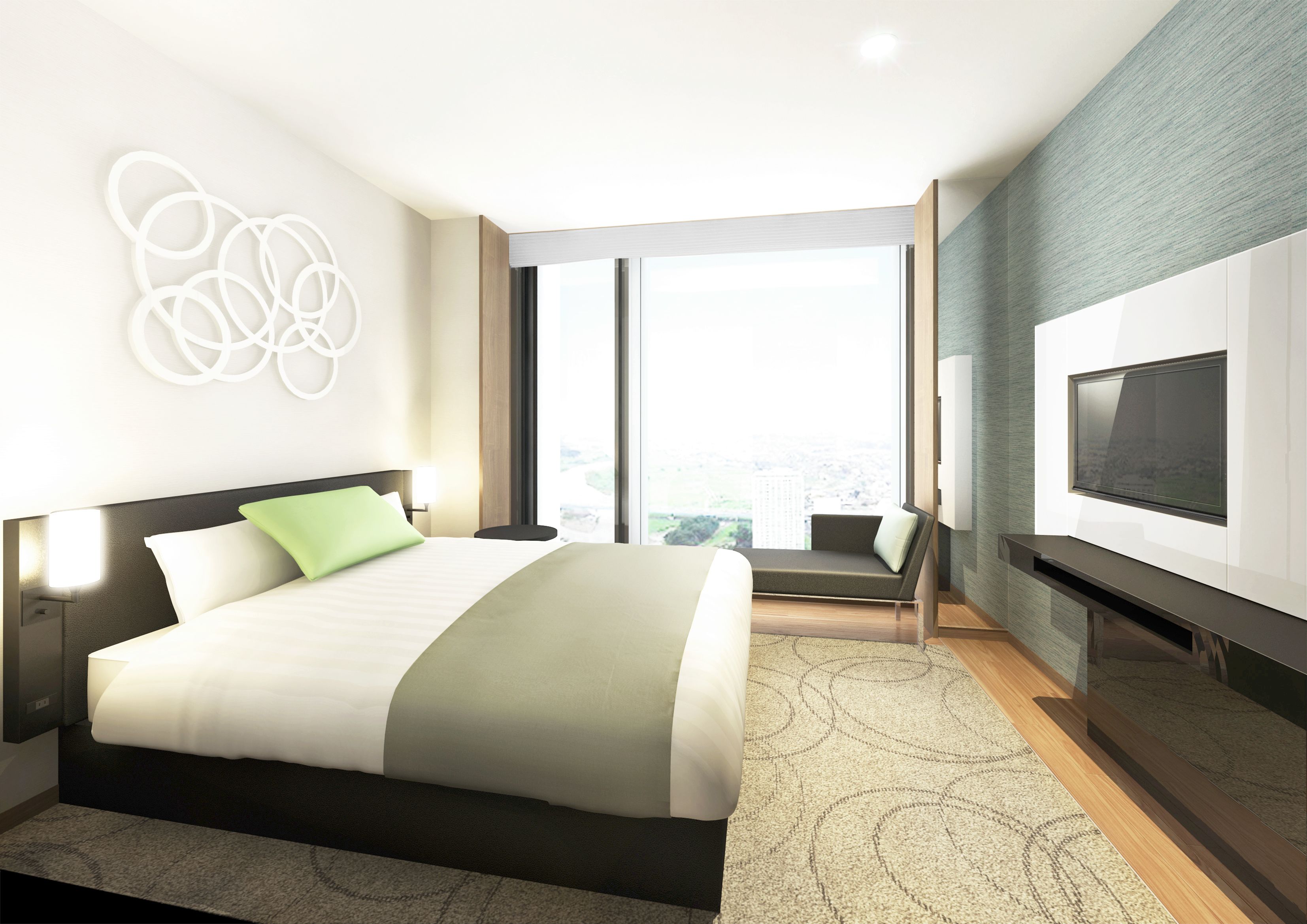 Een moderne hotelkamer met een groot bed, een televisie en uitzicht over de stad.