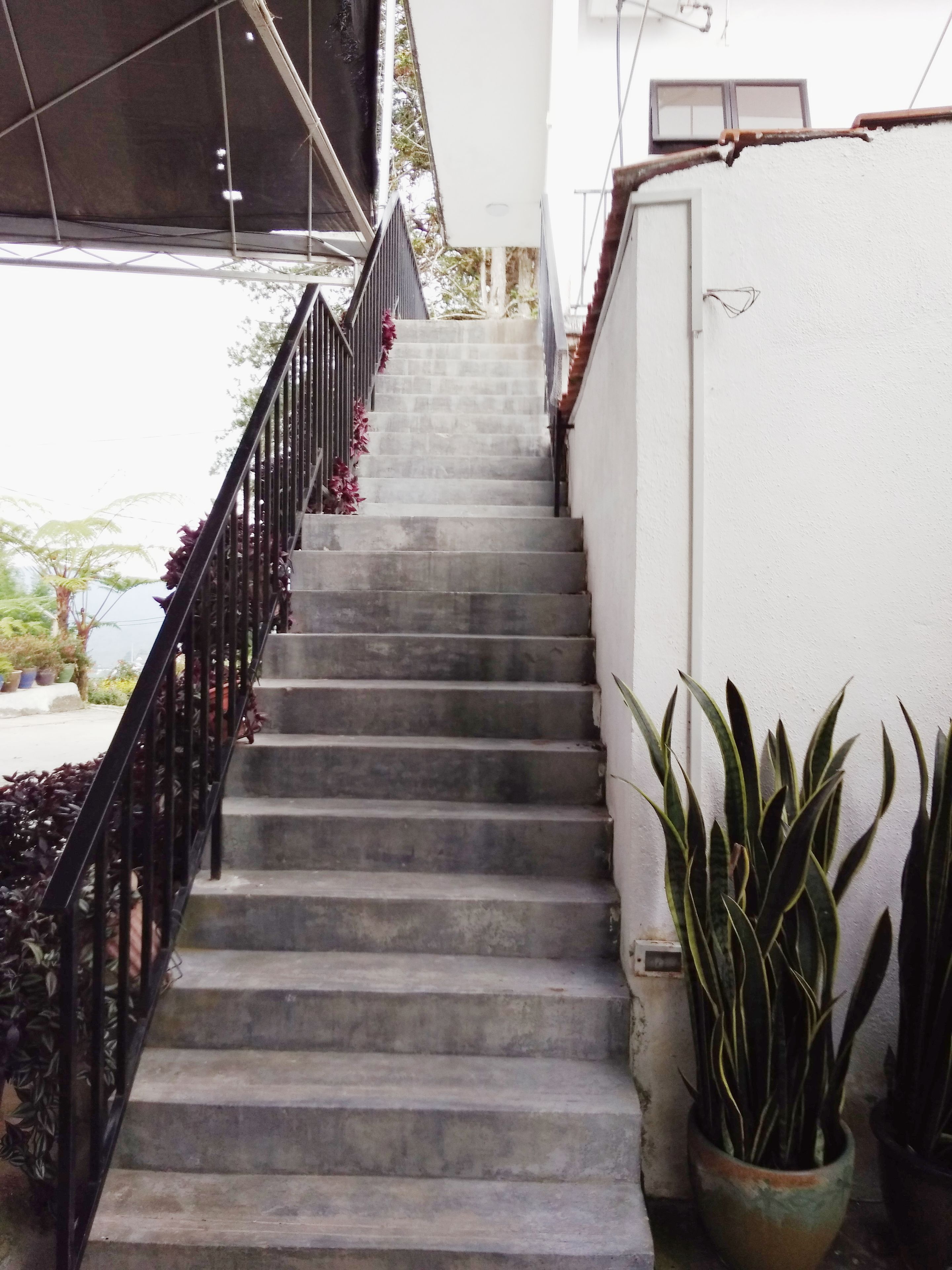 Una escalera con barandilla de metal que lleva a una puerta blanca.