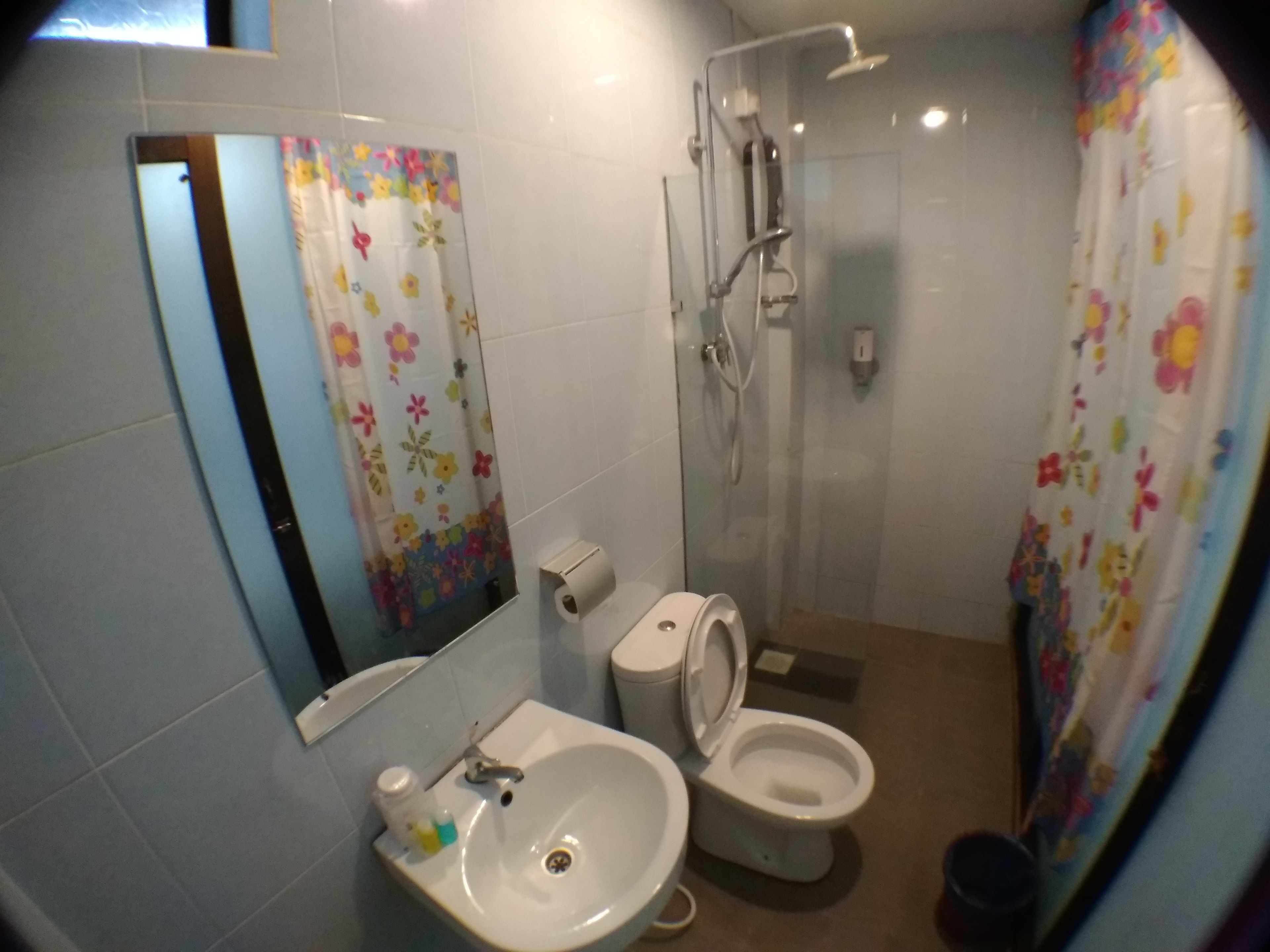 A bathroom with a sink, toilet, shower, and a mirror.