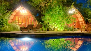 Estructura de madera con piscina delantera, rodeada de vegetación.