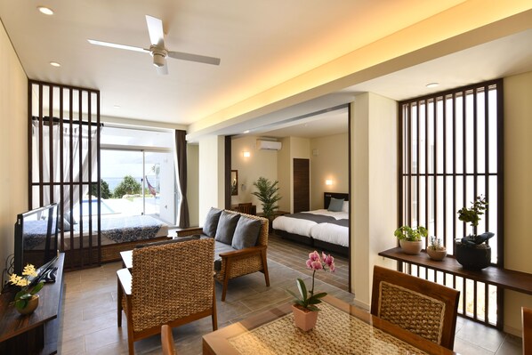 Villa, 1 chambre, piscine privée, vue sur l’océan | Aire de séjour | T éléviseur à écran plat, lecteur de DVD