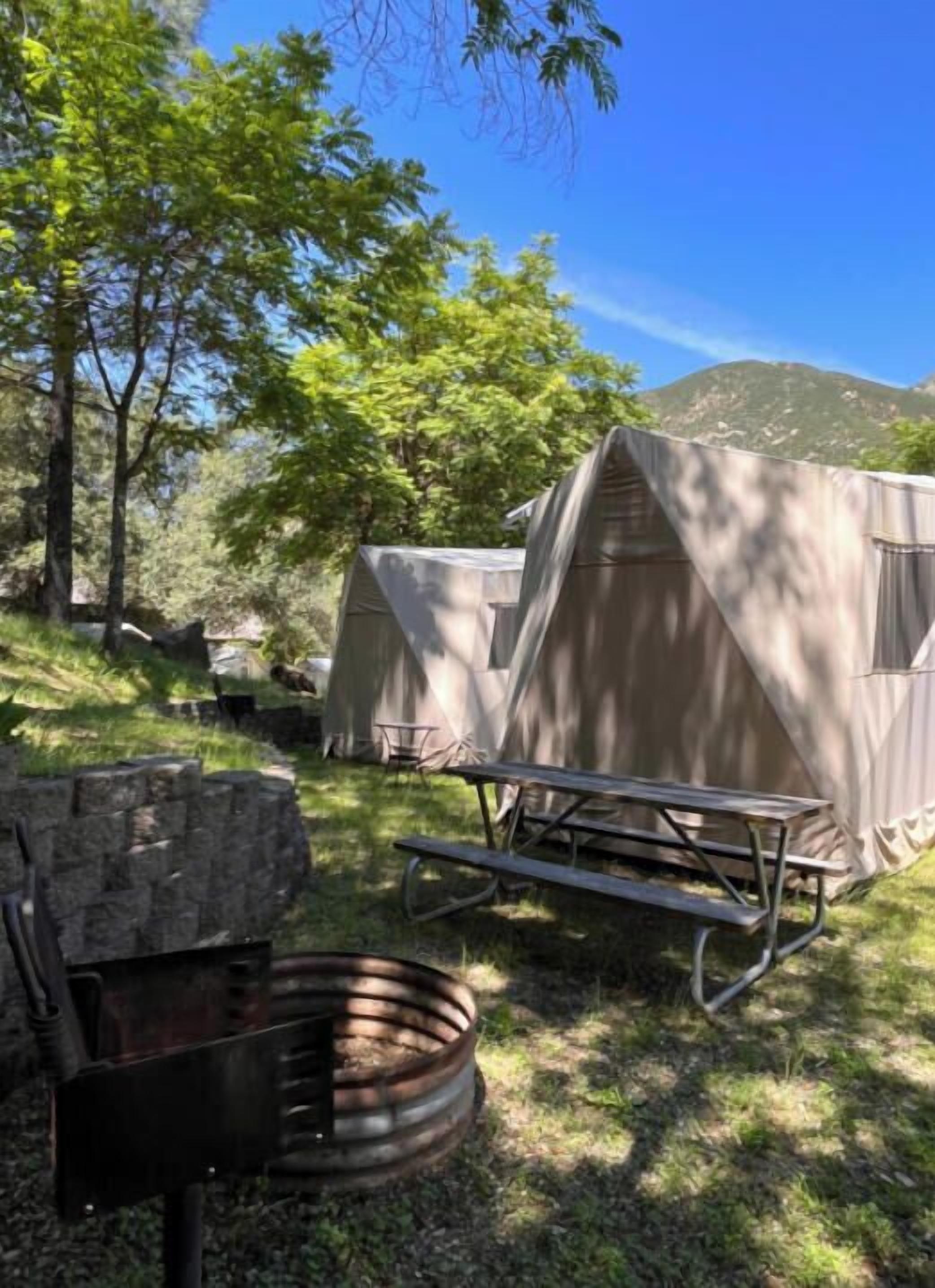 Uma área de camping com tendas, mesa de piquenique e churrasqueira.
