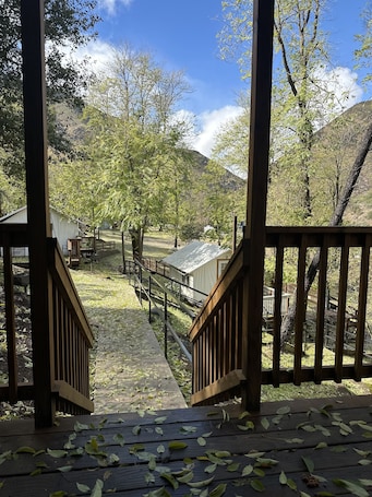 Deluxe Tent Cabin (No Heat or A/C) | Balcony. Indian Flat RV Park - Tent Cabins & Cottages