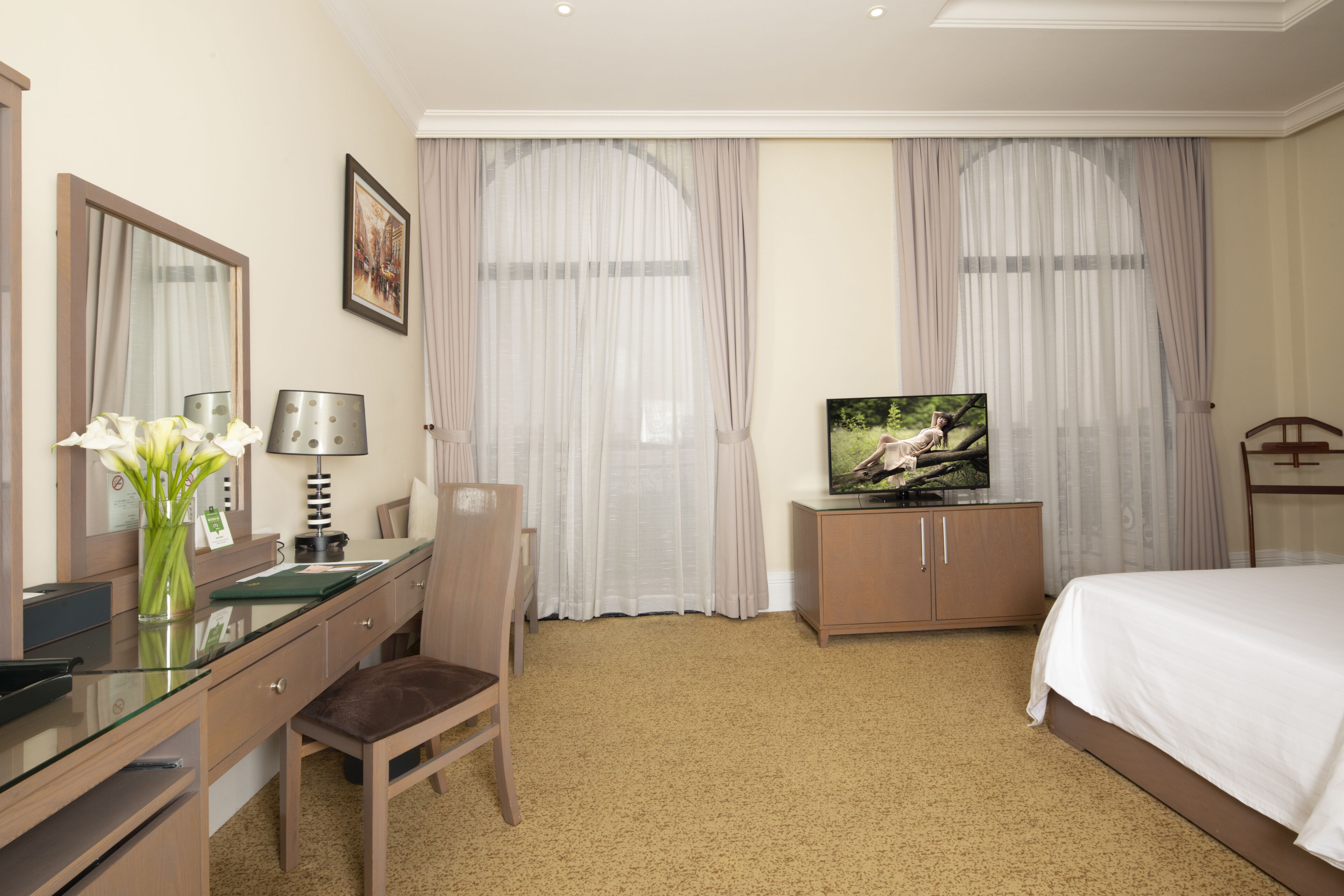 A hotel room with a bed, a desk with a chair, a television, and a large window with sheer curtains.
