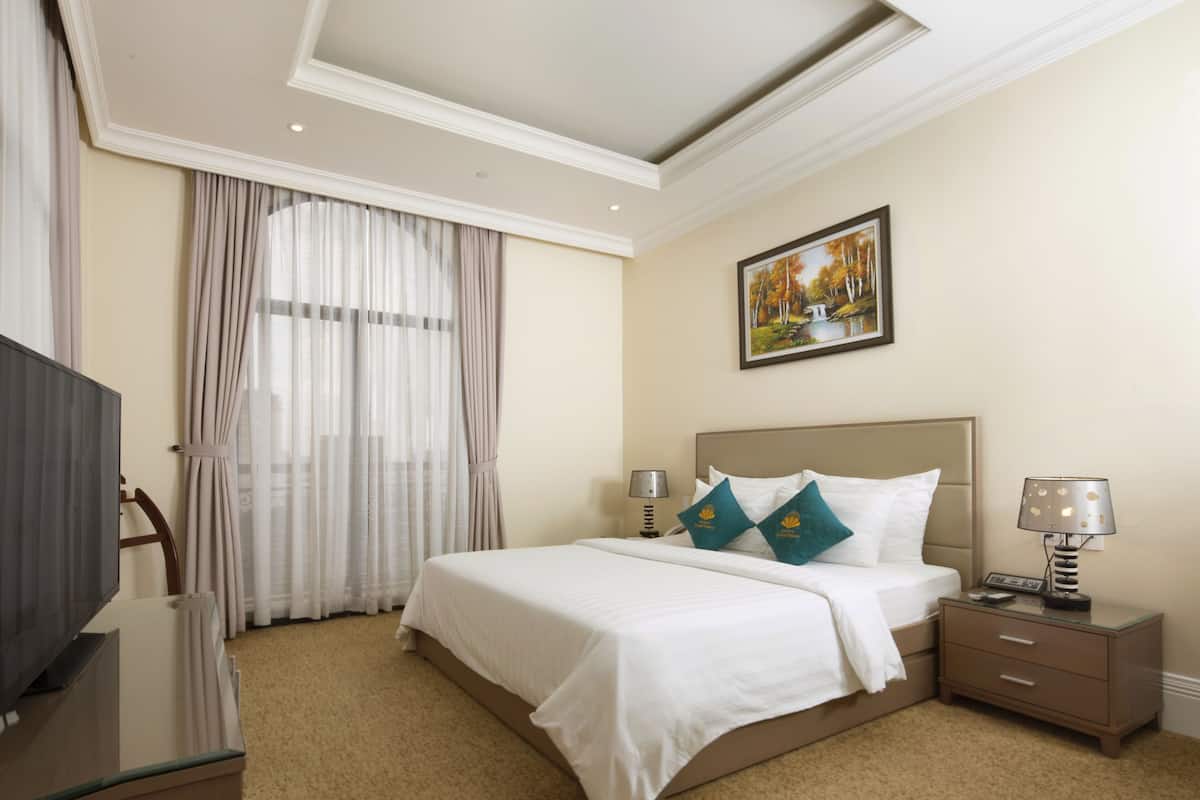 Habitación de hotel con una cama grande, dos mesitas de noche, un televisor y un cuadro en la pared.