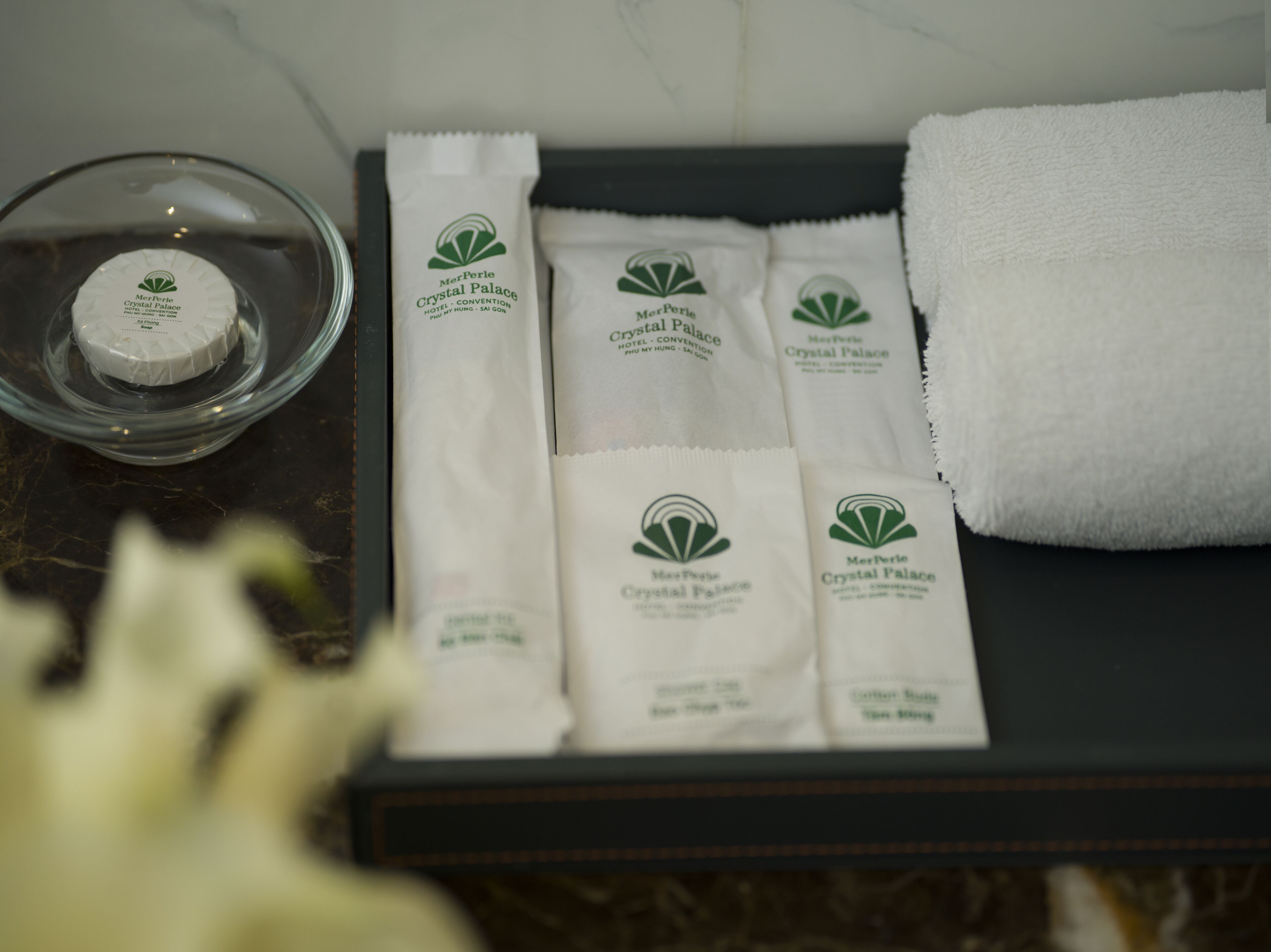 free toiletries, hair dryer, slippers, towels