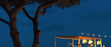 A nighttime outdoor dining area with a canopy and string lights, surrounded by trees.