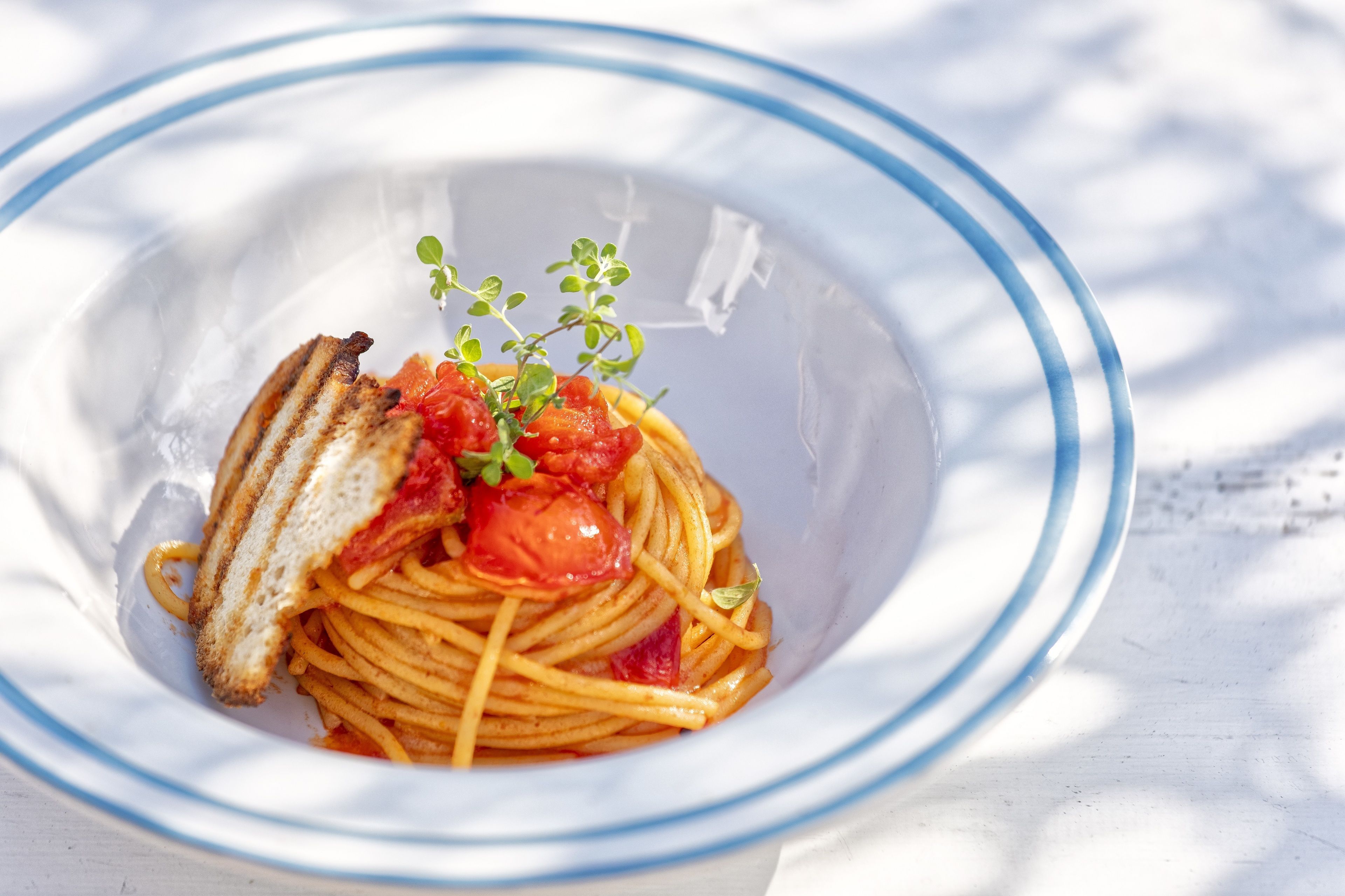 Un plato de espagueti con salsa de tomate y una rebanada de pan.