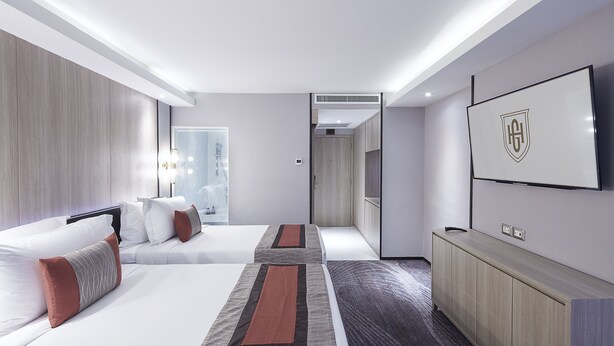 Habitación de hotel con dos camas, televisión, armario y espejo.