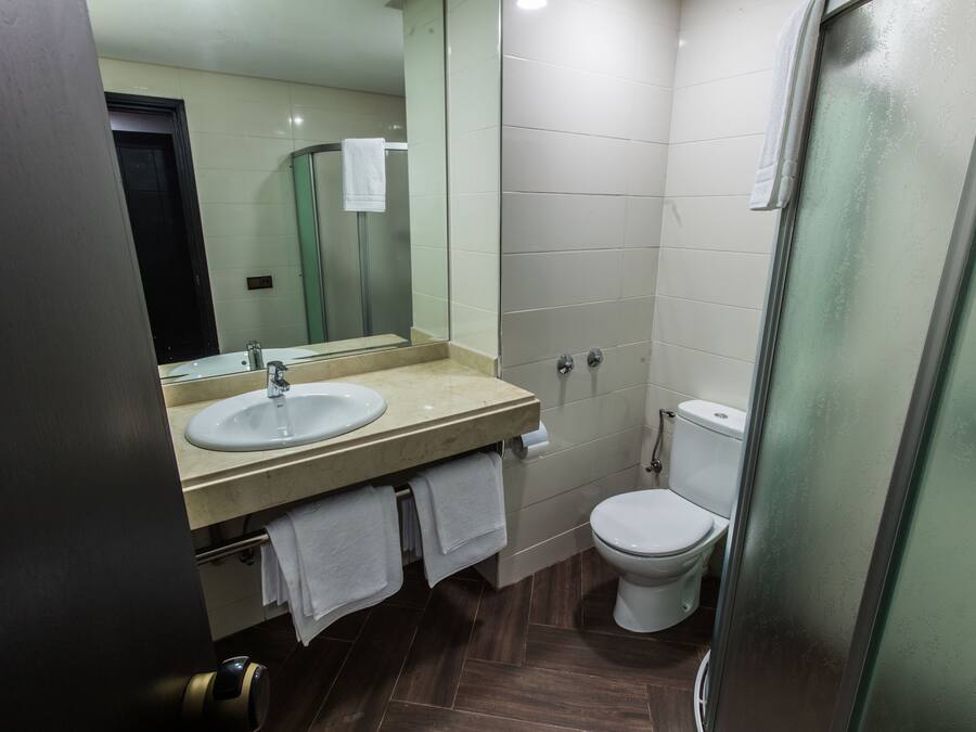 A bathroom with a sink, mirror, toilet, and shower.