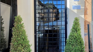 Entrada de un edificio con una reja metálica negra, dos arbustos bien cuidados y un cielo azul despejado.