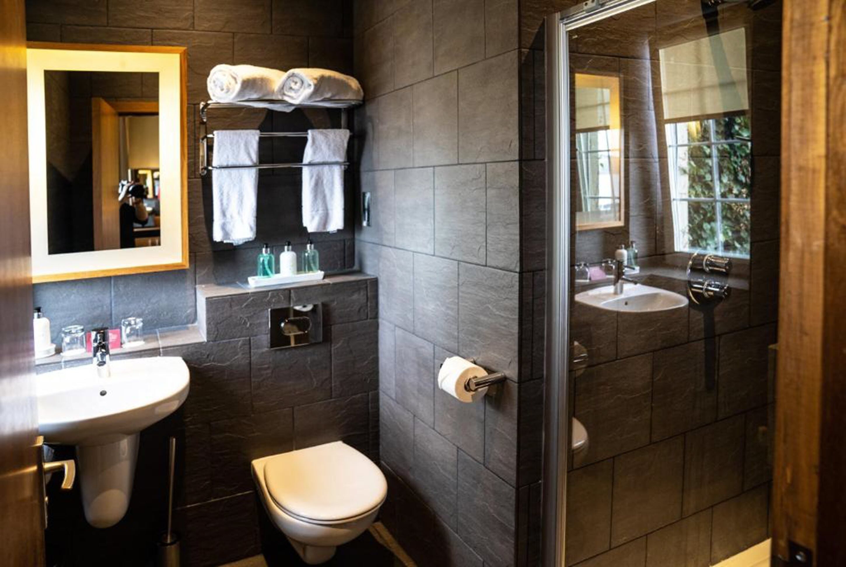 executive double room, street view | bathroom | shower, hair dryer, towels